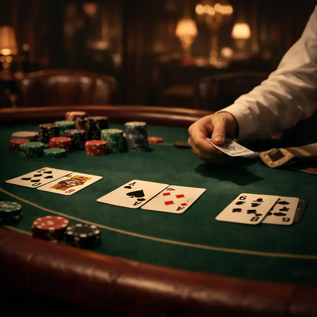 Stół do blackjacka z rozłożonymi kartami i żetonami, dłoń krupiera rozdającego karty