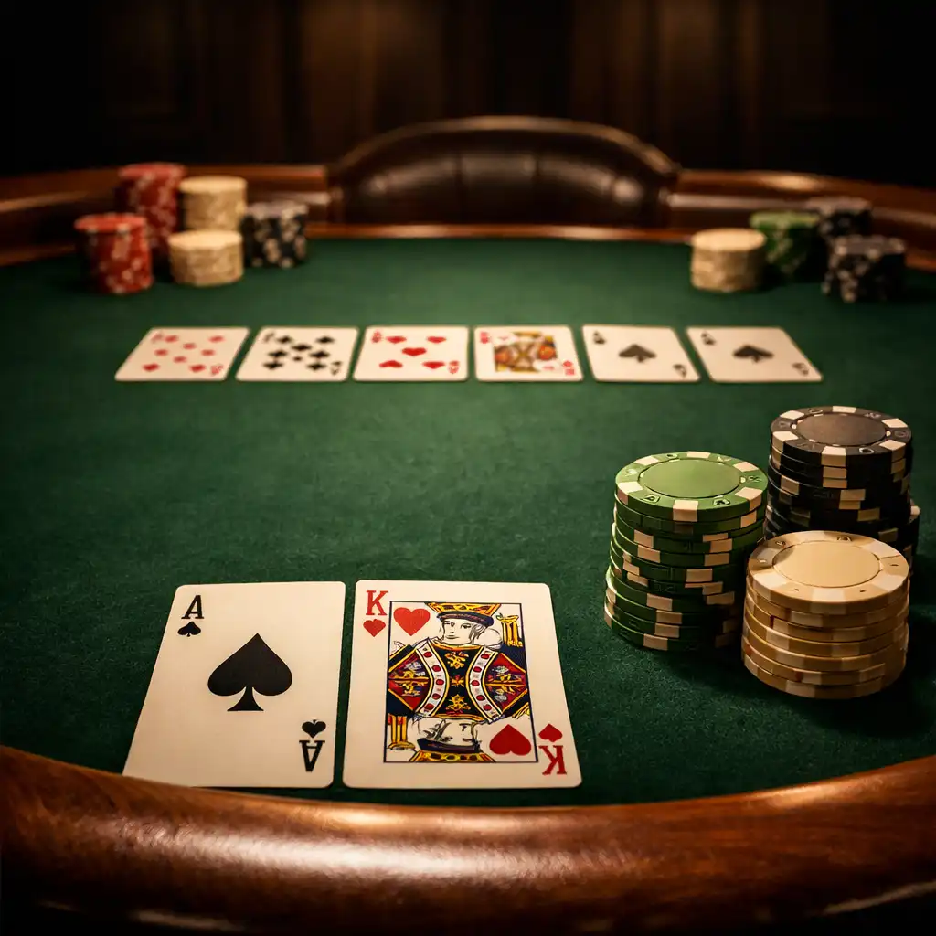 Profesjonalny stół pokerowy z zielonym suknem, kartami i żetonami