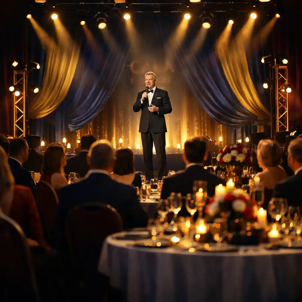 Uroczysta gala firmowa w dużej sali bankietowej ze sceną i elegancko ubranymi gośćmi