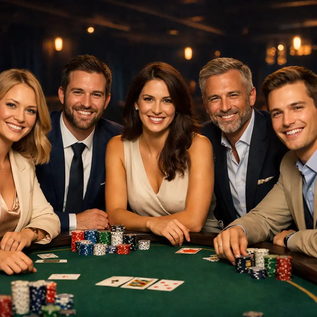 Grupa profesjonalistów w eleganckich strojach przy stole pokerowym podczas integracji zespołu