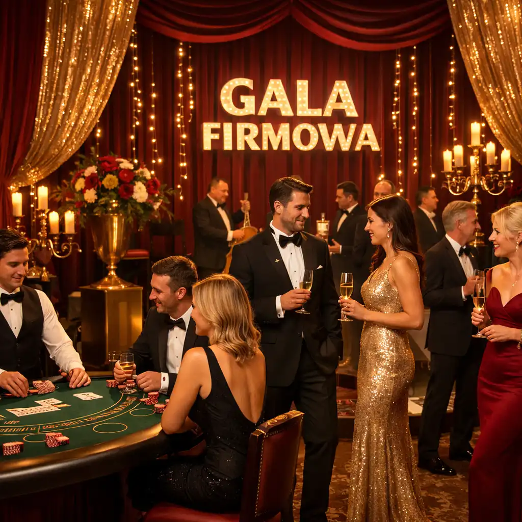 Scena gali firmowej z elegancką dekoracją i stołem do blackjacka w rogu, goście w wieczorowych strojach