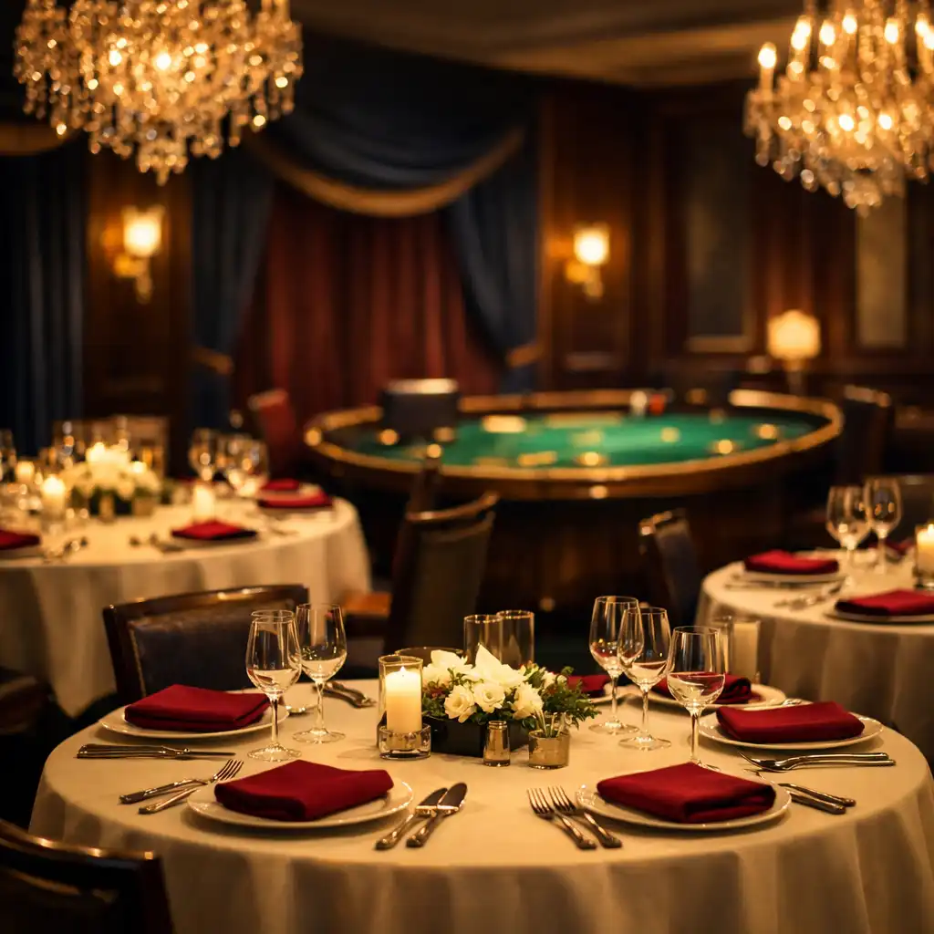 Elegancka sala eventowa z okrągłymi stołami, kryształowymi żyrandolami i ciepłym oświetleniem podczas ekskluzywnego przyjęcia