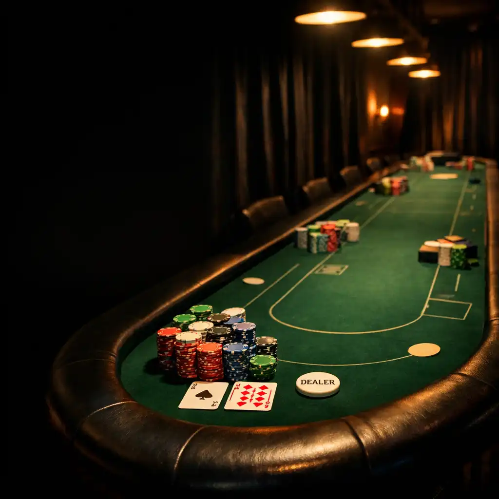 Elegancka sala eventowa z długim stołem pokerowym, zielonym suknem i profesjonalnymi żetonami, oświetlona ciepłym światłem