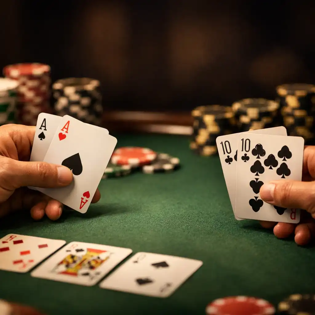 Zbliżenie na ręce graczy trzymających karty przy stole pokerowym, żetony w tle