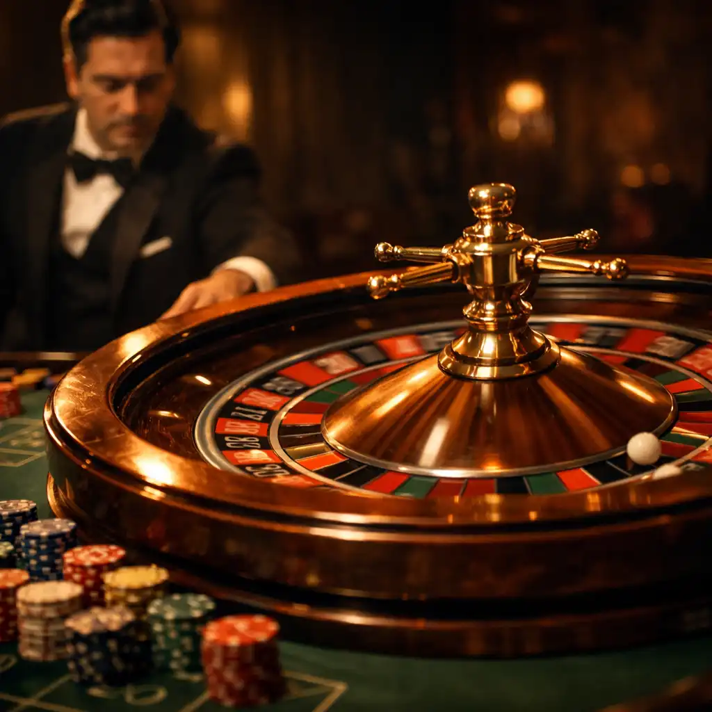 Koło ruletki w ruchu, krupier w eleganckim stroju, stół do ruletki z żetonami